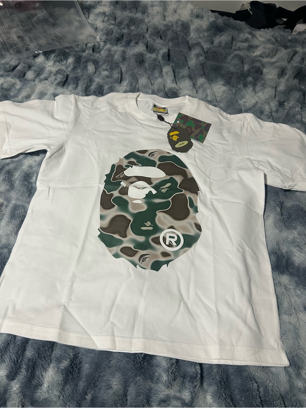 White Short Sleeve Tee with Camo Ape Head Graphic